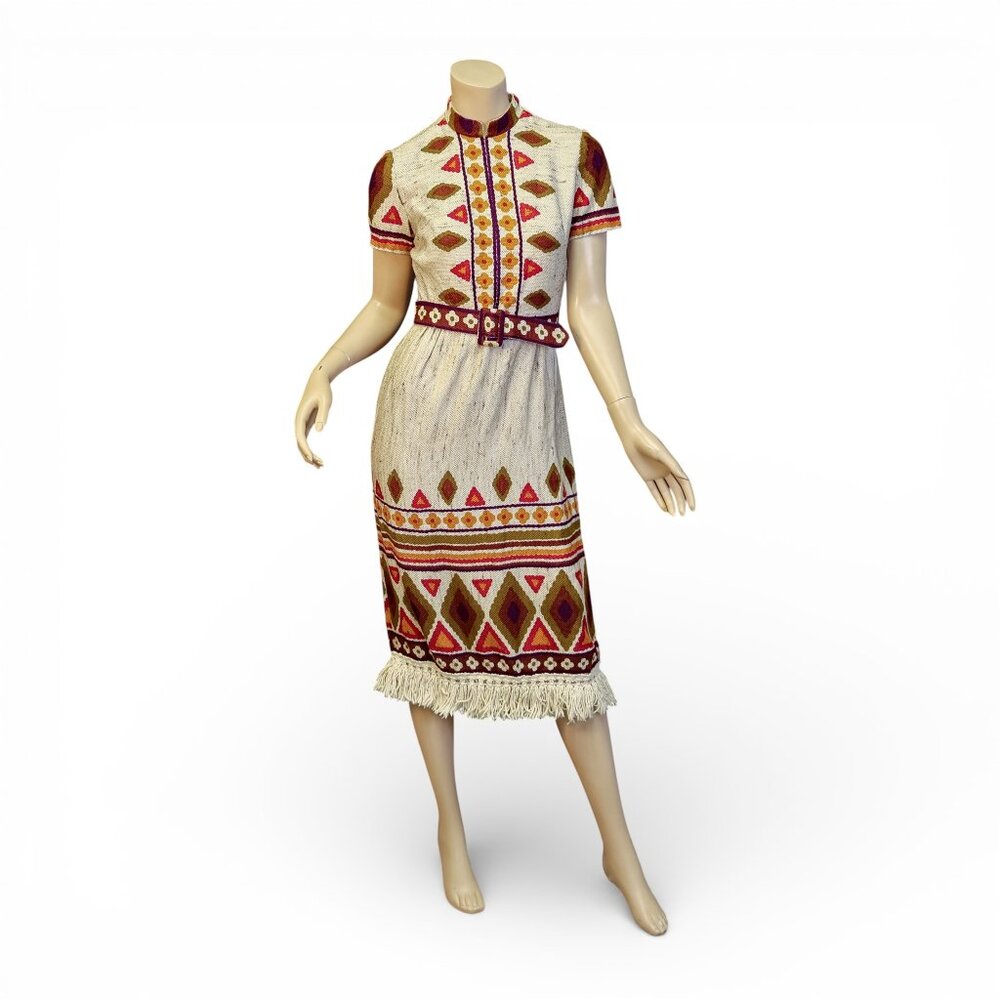 1960s Vintage Woven Graphic Dress | Size Small (Modern 4)